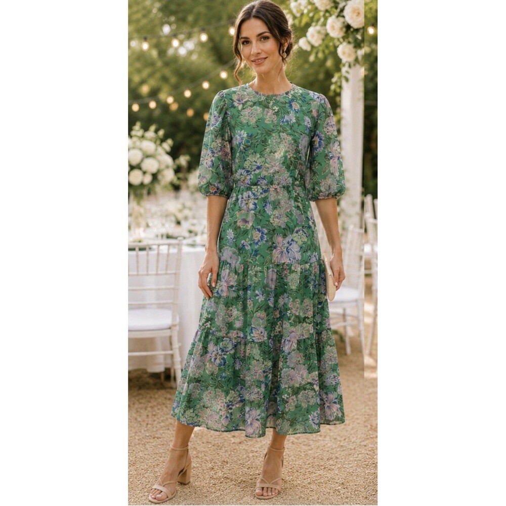 Olivaceous Green Floral Open Back Midi Dress Sz L Puff Sleeve Boho Wedding Guest